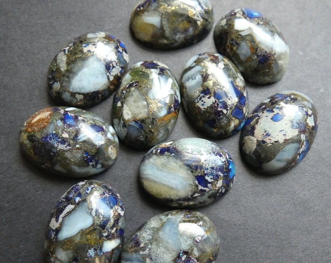 25x18mm Bronze Lined Regalite & Chalcedony Cabochon, Dyed, Oval Cab, Metallic Stone, White and Blue, Stone Cab, Natural Gemstone, Polished