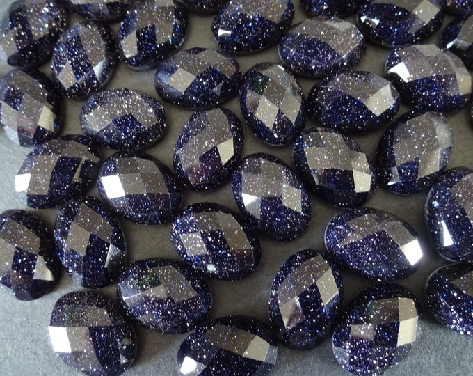 18x13mm Blue Goldstone Cabochon, Faceted, Synthetic Oval Gemstone Cabochon, Blue Stone, Polished Gem, Glittery Flecks, Sparkly, Navy Blue