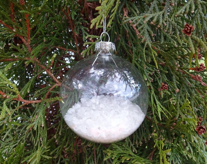 Handmade Natural Quartz Gemstone Christmas Glass Ornament, Glass Globe, Silver Nylon Cord, Clear Crystal Chips Inside!, Quartz Crystals