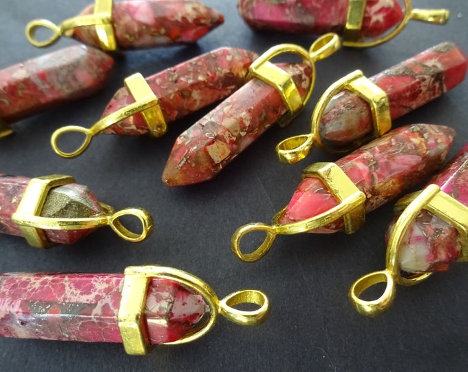 40-41mm Pink Regalite Bullet Pendant With Golden Brass Loop, Synthetic Dyed Stone, Faceted Bullet, Polished, Regalite Pendant, Stone Charm