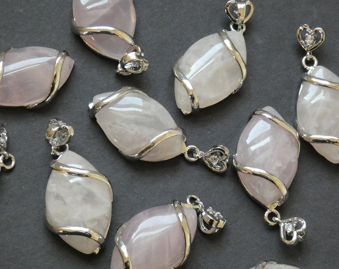 38x17mm Natural Rose Quartz Pendant With Brass Setting, Horse Eye Stone, Polished, Gemstone Pendant, Pink & Silver, Birthstone Drop