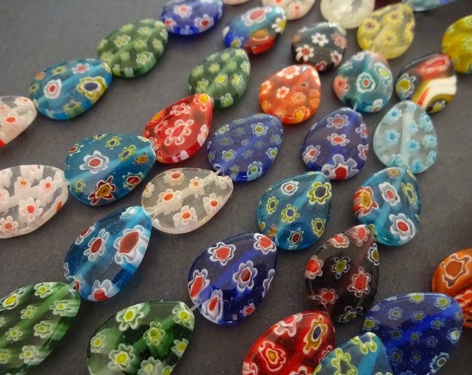 14 Inch Strand Of 17x13mm Glass Millefiori Beads, Flat Teardrops, About 21 Round Millefiori Beads, Mixed Lot, Multicolor Bead, Floral Beads