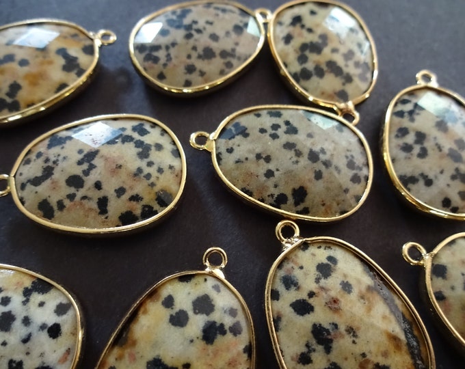 25-26mm Natural Dalmation Jasper Pendant With Gold Plated Brass Metal, Faceted, Snap On Bail, Oval Jasper Charm, Polished Gemstone Jewelry