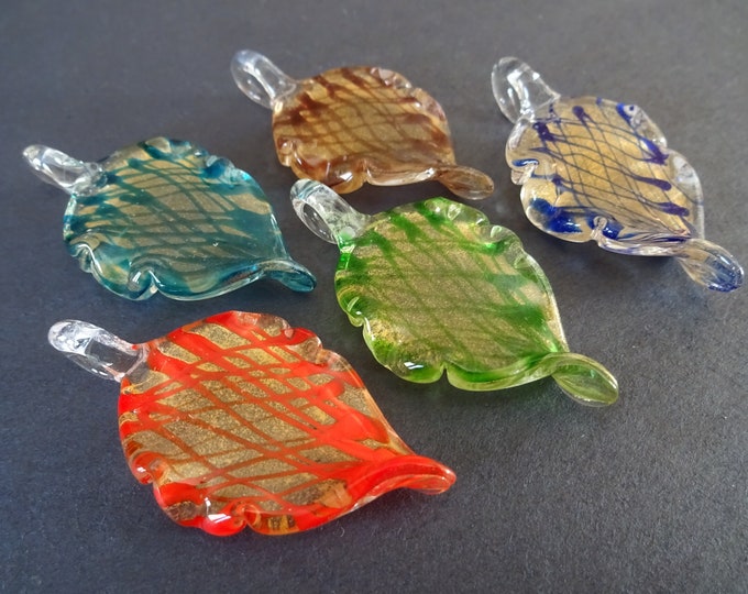 5 PACK of 59mm Handmade Lampwork Glass Leaf Pendant, Mixed Color, Beautiful Leaf Charm, Glass Leaf, Floral Glass Pendant