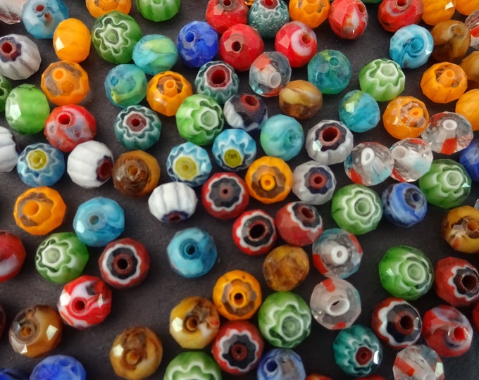 7.5-8mm Lampwork Glass Millefiori Faceted Rondelle Beads, Mixed Lot, Multicolor Bead, Floral Circle Bead, Glass Faceted Bead, Flower Pattern