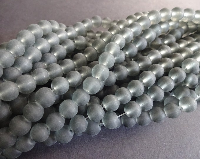 8mm Gray Glass Frosted Bead Strand, About 105 Beads Per Strand, Gray 8mm Ball Bead, Round, 31 Inch Strand, Transparent, Smoky, Dark Gray