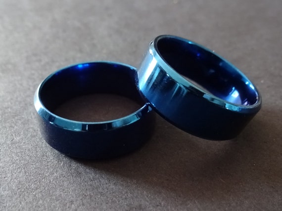 Blue Titanium Steel Ring Brushed Band 8mm Wide Handcrafted