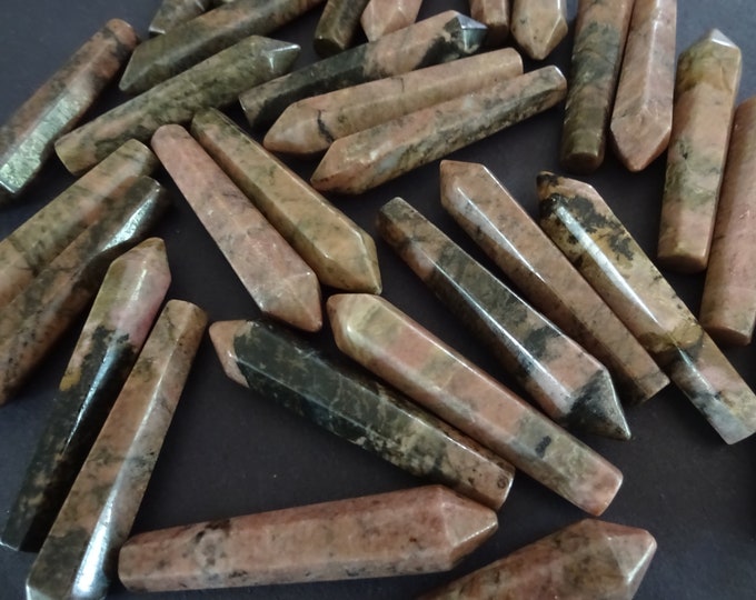 50.5mm Natural Rhodonite Bullet, Faceted, Undrilled, Polished Gem, Gemstone Jewelry Pendant, Pink & Black Crystal Pointed Stone, No Hole
