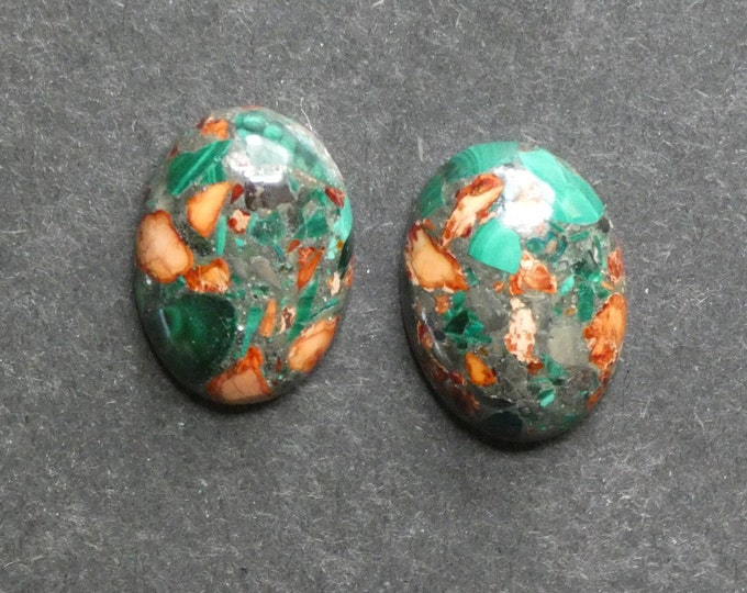 2 Pack 25x18mm Assembled Synthetic Malachite and Imperial Jasper Cabochons, Green & Orange, Dyed, Oval, One of a Kind, Unique Cabochon Set