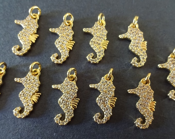 2 PACK 15.5mm Brass Micro Pave Seahorse Charm, Gold Seahorse Charm, Metal Focal, Nautical Themed, Seahorse Bead, Ocean Bead, Gold Focal