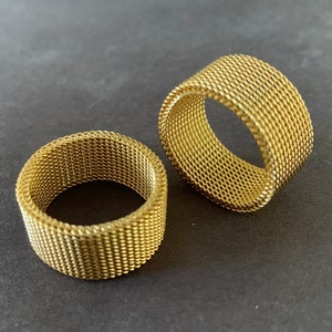 304 Stainless Steel Gold Mesh Design Ring, Handcrafted Steel Band, Industrial Men&#39;s Ring, Chain Link, Men&#39;s Jewelry, Golden Color, Flexible