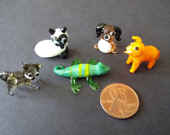 Mini Lampwork Glass Pet Animals, Collect All 5, Glass Collectible Pet Collection, Chameleon, Dog, and Cat Decorations, Handcrafted Figurines