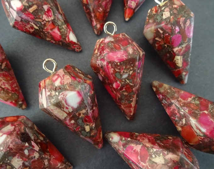 43-44mm Synthetic Regalite Pendant, Half Drilled, Dyed, Faceted Cone Pendulum, Deep Pink Regalite Charm, Designer Stone Pointed Pendant