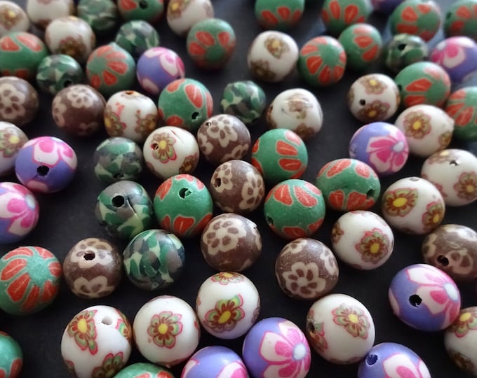 Pack of Mixed 8mm Polymer Clay Ball Bead Strand, 8mm Round Clay Beads, Mixed Colors, Floral Patterns, Flower Design, Mixed Lot