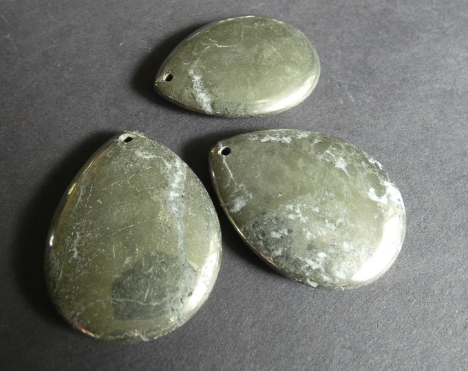 45x30mm Natural Pyrite Pendant, Drilled, Hand Cut Teardrop, Polished Gem, Metallic, Gemstone Jewelry, Stone Necklace Making, Silver Cab