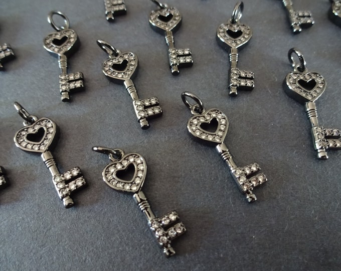 19mm Cubic Zirconia Micro Pave Brass Pendants, Bright Cubic Zirconia Key Beads, Cubic Zirconia Key Charms, 19mm Key Beads, Key Shaped Beads