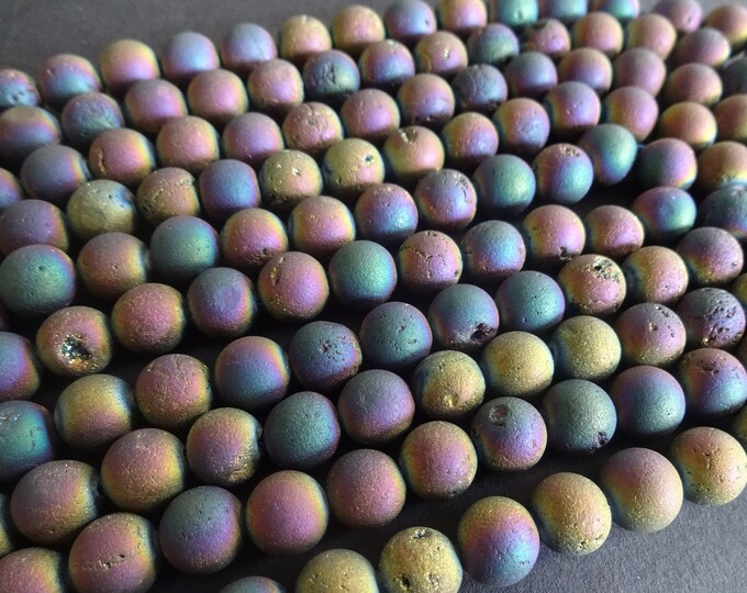 8mm Electroplated Natural Druzy Agate Ball Beads, 15 Inch Strand Of About 46 Beads, Rainbow Plated, Raw Agate Gemstone Beads, Unfinished