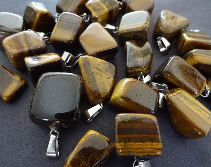 15-35mm Natural Tiger Eye Pendant With Stainless Steel Snap On Bail, Crystal Charm, Polished, Tigereye Gemstone Pendant, Brown & Silver