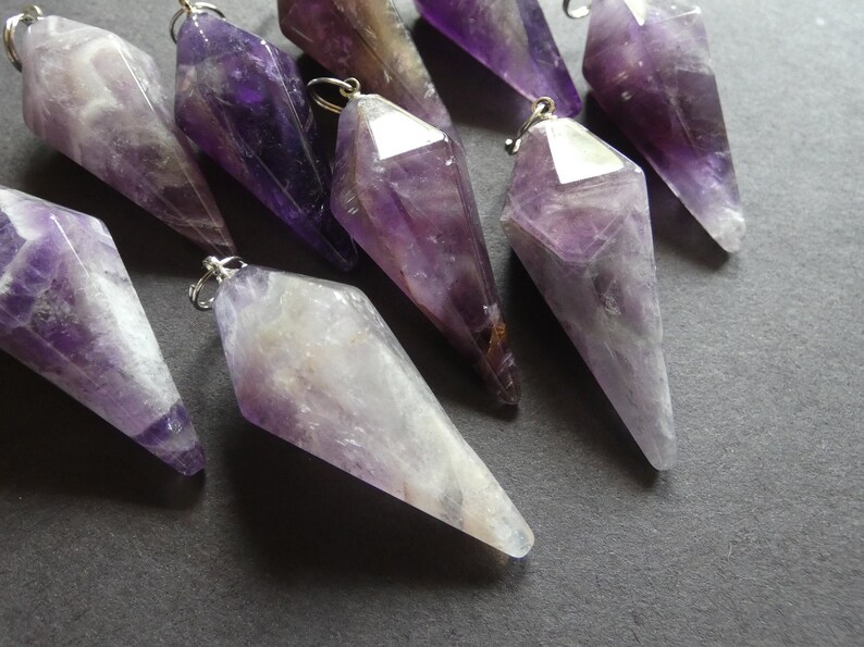 Cone Pendulum 38.5mm Natural Amethyst Pendant With Brass Loop Designer Stone Pointed Bullet Pendant Large Purple and Silver Charm