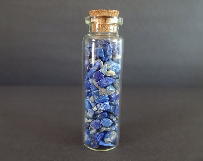 Glass Crystal Chip Jar with Lapis Lazuli, Blue Color Gemstone, 22x71mm Glass Jar, Decoration or Pendant Piece, Cork Stopper, Wishing Bottle