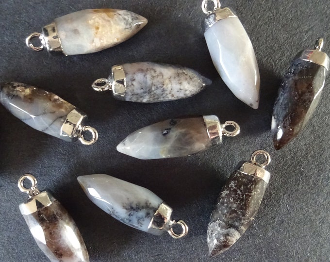 25-27mm Natural Flower Agate Pendant, Brass Finding, Faceted Bullet, Polished, Gemstone Jewelry Pendant, Silver Color Metal, Crystal Charm
