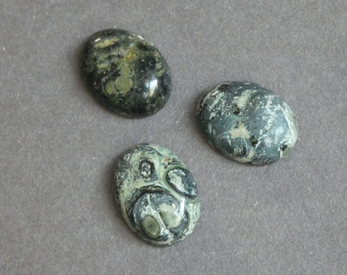 3 Pack 20x15mm Oregon Pea Stone Cabochons, Gray and Green With Swirls, Swirled Oval Cabochon, Gemstone Cabochon Set, Unique 3pk Cabochons