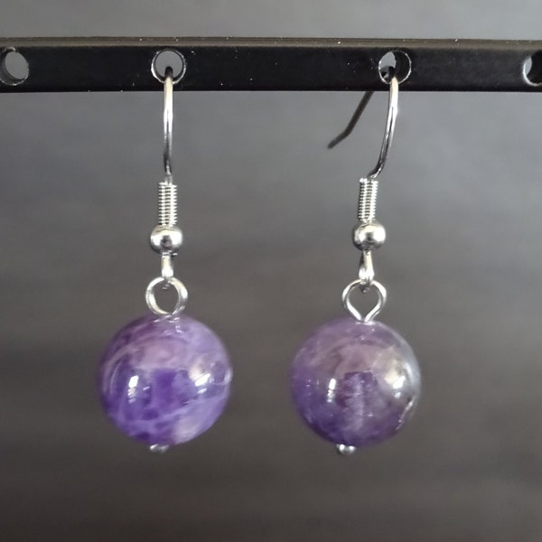 Natural Amethyst Ball Bead Earrings, Hypoallergenic, Fish Hook Earring, Set Of Earrings, 12mm Ball, Purple Crystals, Gemstone Dangle Earring