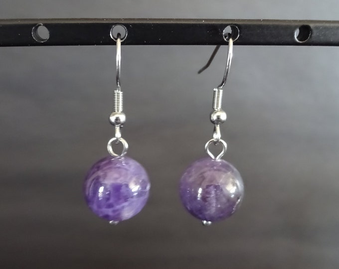 Natural Amethyst Ball Bead Earrings, Hypoallergenic, Fish Hook Earring, Set Of Earrings, 12mm Ball, Purple Crystals, Gemstone Dangle Earring