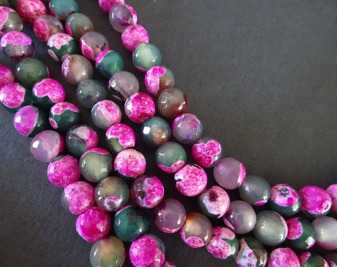 8mm Natural Fire Agate Faceted Bead Strand, Purple and Green, Dyed and Heated, About 47 Beads, 15 Inch Strand, Ball Bead, Round, Faceted