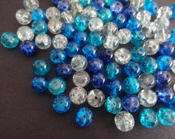 8mm Crackle Glass Ball Bead Mix, Caribbean Blue Mix, Mixed Lot, Transparent, Jewelry Beads, Round, Blue and Clear Colors, Nautical Theme