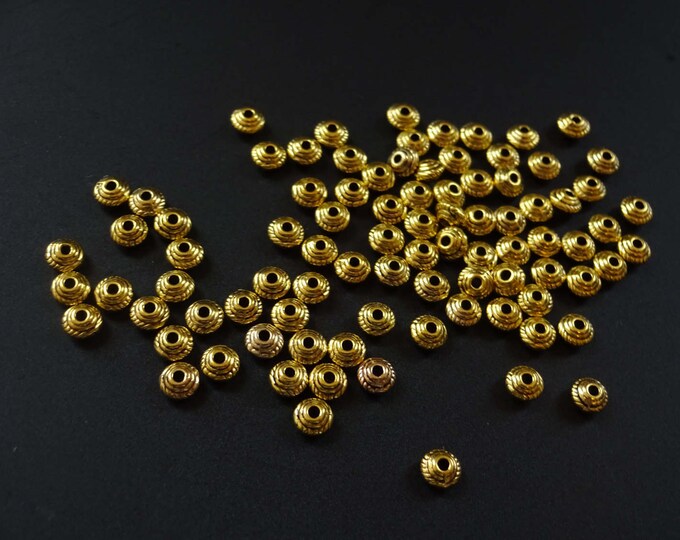 5x3mm Metal Bicone Bead Spacers, Antiqued Golden Color, Gold Bicone Bead, Saucer, Detailed Saucer Bead, Lightweight, Small Spacers