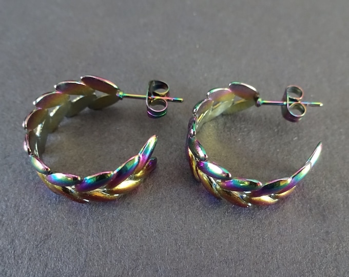 Stainless Steel Rainbow Leaf Half Hoop Earrings, Hypoallergenic, Ion Plated, Round Hoops, Leaf Branch Earrings, 20.5x22mm, Leaf Hoops