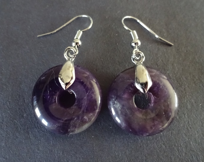 Natural Amethyst Donut Earrings With Brass Hooks, Fish Hook Earring, Set Of Earrings, Purple Amethyst Stones, Gemstone Crystal Earrings