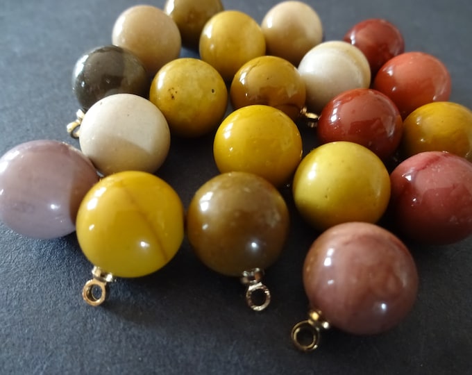 14x10.5mm Natural Mookaite Ball Charm With Brass Loop, Polished Gem, Gemstone Pendant, Yellow, White, Red, Purple & Gold Color Loop