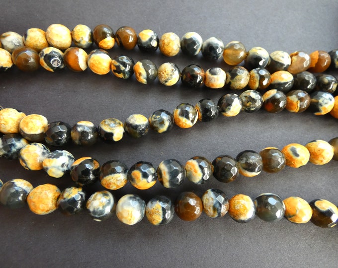 8mm Natural Fire Agate Faceted Bead Strand, Yellow and Black, Dyed and Heated, About 47 Beads, 15 Inch Strand, Ball Bead, Round, Faceted