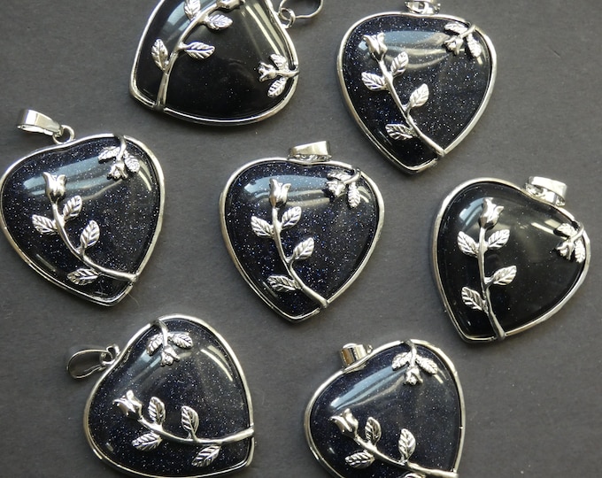 42-46mm Blue Goldstone Pendant With Brass Floral Setting, Synthetic Stone Heart Charm, Polished Gem, Gemstone Pendant, Blue With Sparkles