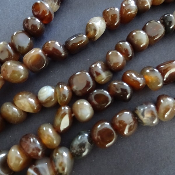 15.5 Inch Strand Natural Banded Agate 6-11mm Bead Strand, Dyed, Brown, About 51 Beads, Gemstone Beads, Striped Agate, Polished Drilled Stone