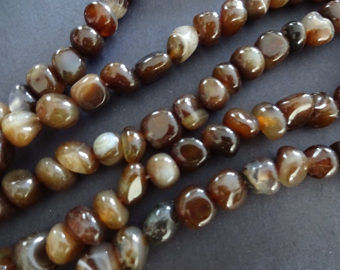 15.5 Inch Strand Natural Banded Agate 6-11mm Bead Strand, Dyed, Brown, About 51 Beads, Gemstone Beads, Striped Agate, Polished Drilled Stone