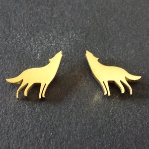 Stainless Steel Gold Wolf Earrings, Hypoallergenic, Gold Studs, 11x11mm, Set Of Earrings, Wolf Earrings, Animal Studs, Howling Wolf