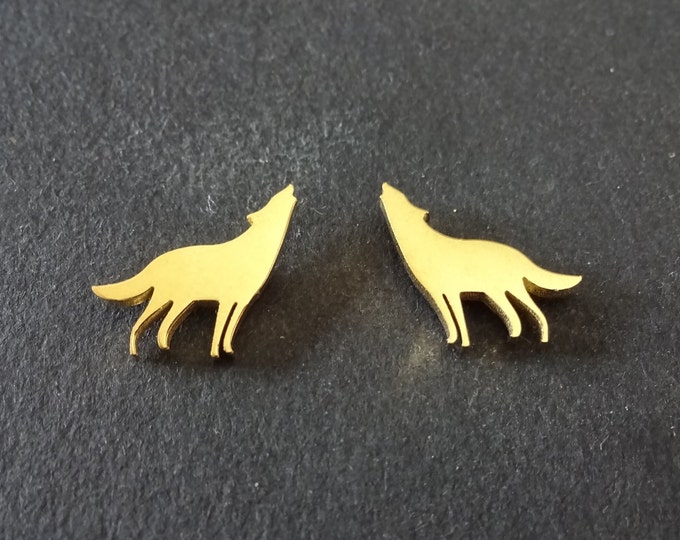 Stainless Steel Gold Wolf Earrings, Hypoallergenic, Gold Studs, 11x11mm, Set Of Earrings, Wolf Earrings, Animal Studs, Howling Wolf