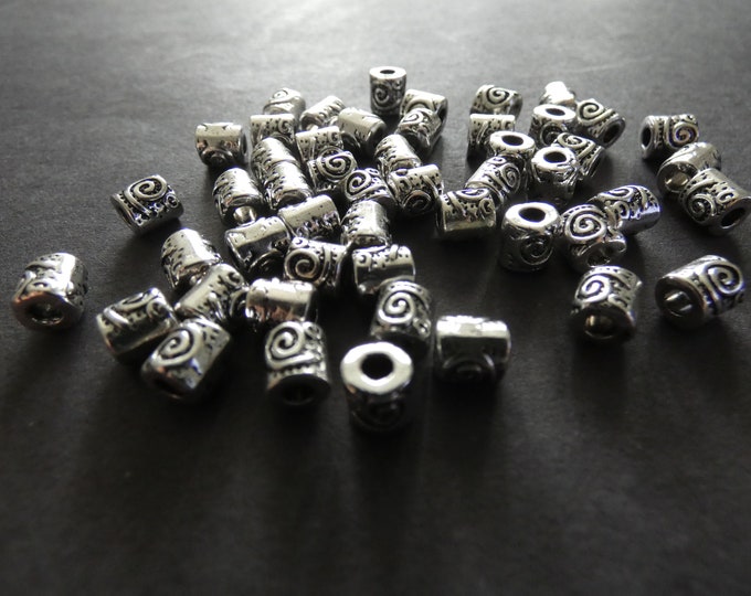 50 PACK 6mm Tibetan Silver Tube Beads, Swirl Design, Antiqued Silver Color, Vortex Cylinder Engraved Tube Beads, 2.5mm Holes, Modern Style