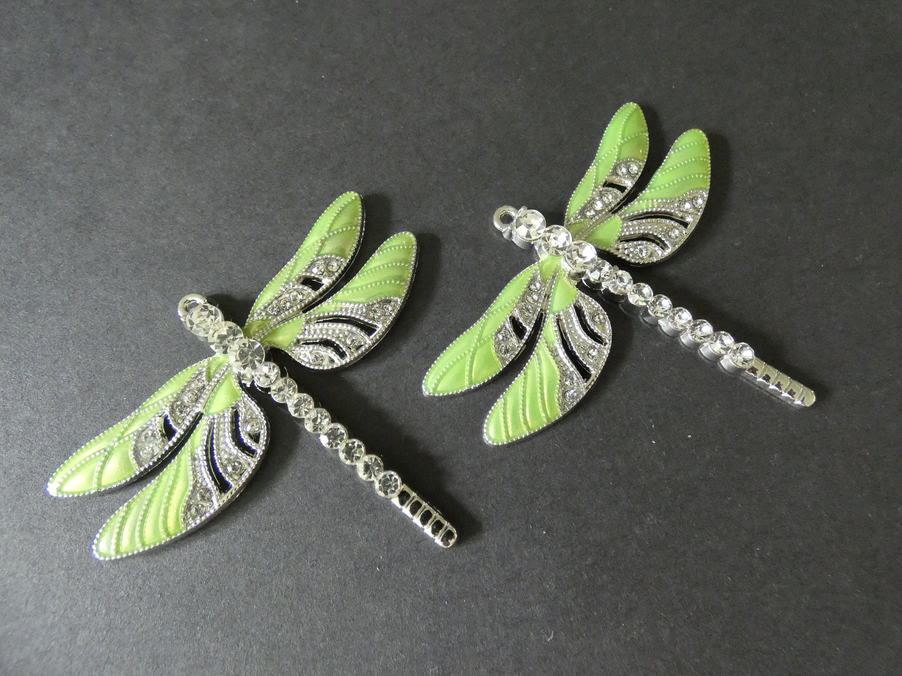 64x57mm Dragonfly Alloy Metal Pendant, Clear Rhinestones, Enamel Green Color, Dragonfly Jewelry