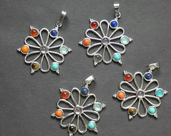 40mm Chakra Flower Alloy Metal Pendant, Bezel Gemstone Pendant, Flower Chakra Charm, 40x32x5mm, Chakra Jewelry, Silver Color and Stones