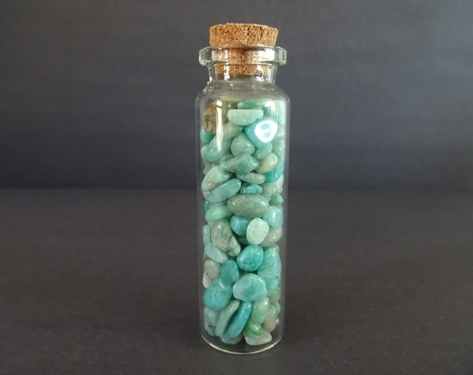 Glass Crystal Chip Jar with Amazonite Chips, Green Color Gemstone, 22x71mm Glass Jar, Light Aqua Blue Gems, Cork Stopper, Wishing Bottle