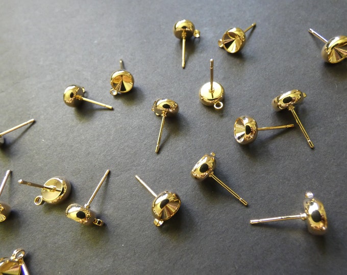 10.5x8mm Gold Plated Brass Stud Earring Settings, With Loops, Fits 6mm Round Stone, Gold Stud, .8mm Pin, Ear Posts, Earring Making
