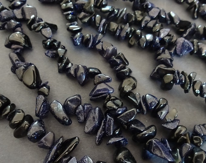 33 Inch 5-8mm Blue Goldstone Bead Strand, Blue Glass Bead Strand, Small Nuggets and Chips, Sparkly Stone Beads, Navy Blue Gemstone