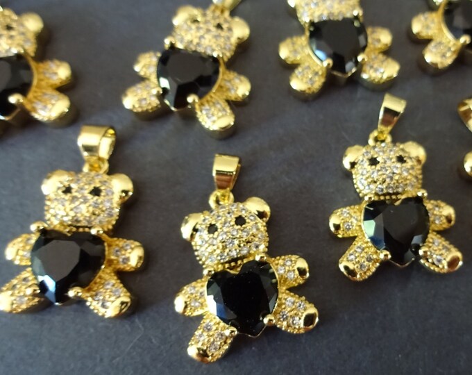 19.5mm Gold Plated Brass Bear Pendant with Cubic Zirconia, 18k Gold Plated, Black Cubic Zirconia, Bear Pendant, Bear Charm, Bear Pendant