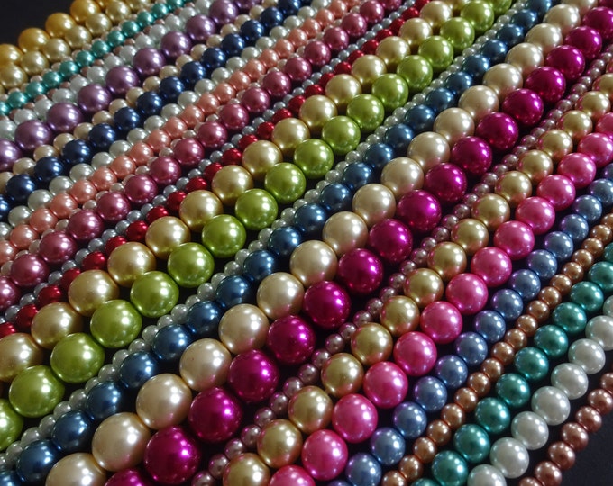 4-10mm Mixed Glass Faux Pearl Bead Strands, Ball Bead, 15 Inch Strands, About 42-112 Per Strand, Pearlized Glass, Round, Rainbow, Mixed Lot