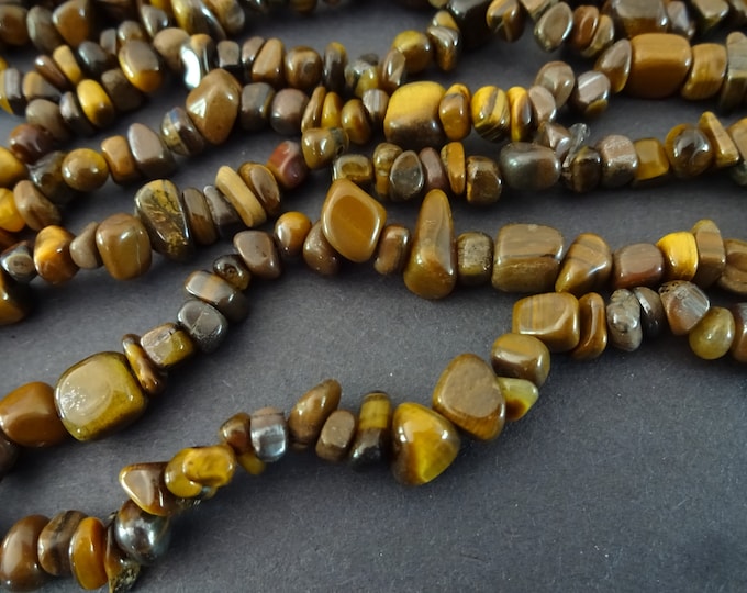 33 Inch 5-8mm Natural Tiger's Eye Bead Strand, Tiger Eye Chip Gemstone Bead Strand, Natural Polished Drilled Chips, Pieces of Tiger Eye