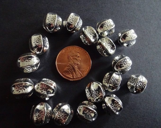 11x9mm Metal Barrel Beads, Sun Pattern Bead, Tibetan Antiqued Silver Color, Engraved Metal Bead, Etched Sun Pattern, Oval Barrel, Sun Beads